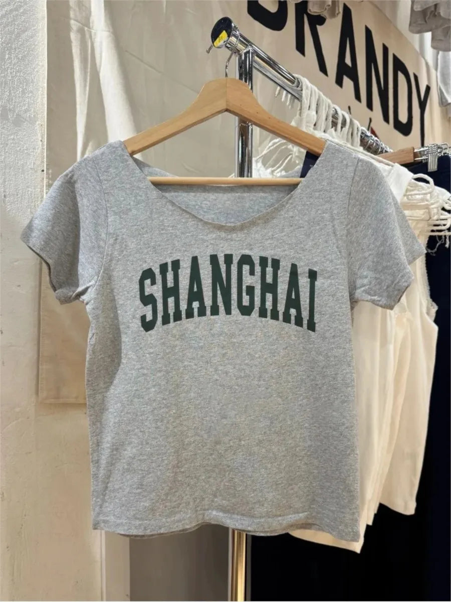 Letter Patchwork Embroidery T-shirts Women Casual Simple Raw Hem Slash Neck Short Sleeve Tees Vintage Chic Sweet Crop Tops Y2K