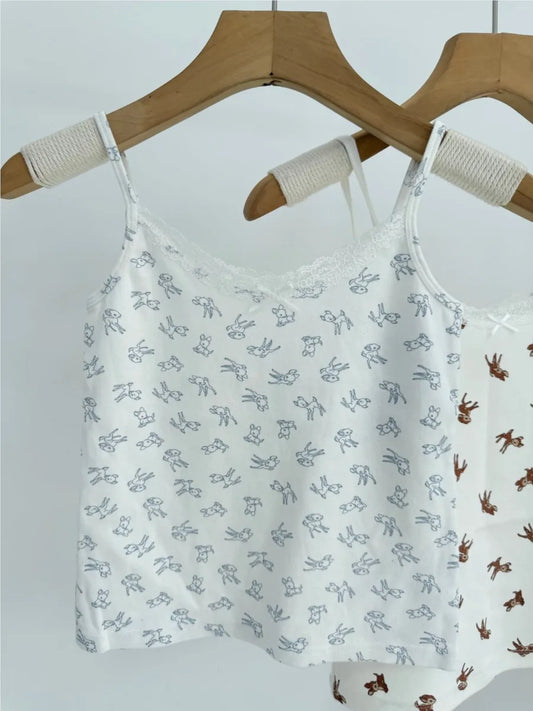 Little Deer Lace Trim Tank Tops Women Summer New Casual Preppy Style Slim Bow Sleeveless Vests Sweet Cute Vintage Camisole Y2K