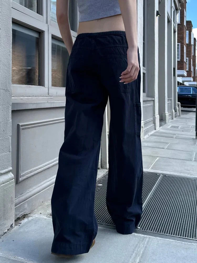 Fashion Navy Drawstring Loose Pants Women Autumn Sexy Low Waist Pockets Straight Long Pant Baggy Streetwear Vintage Trousers Y2K