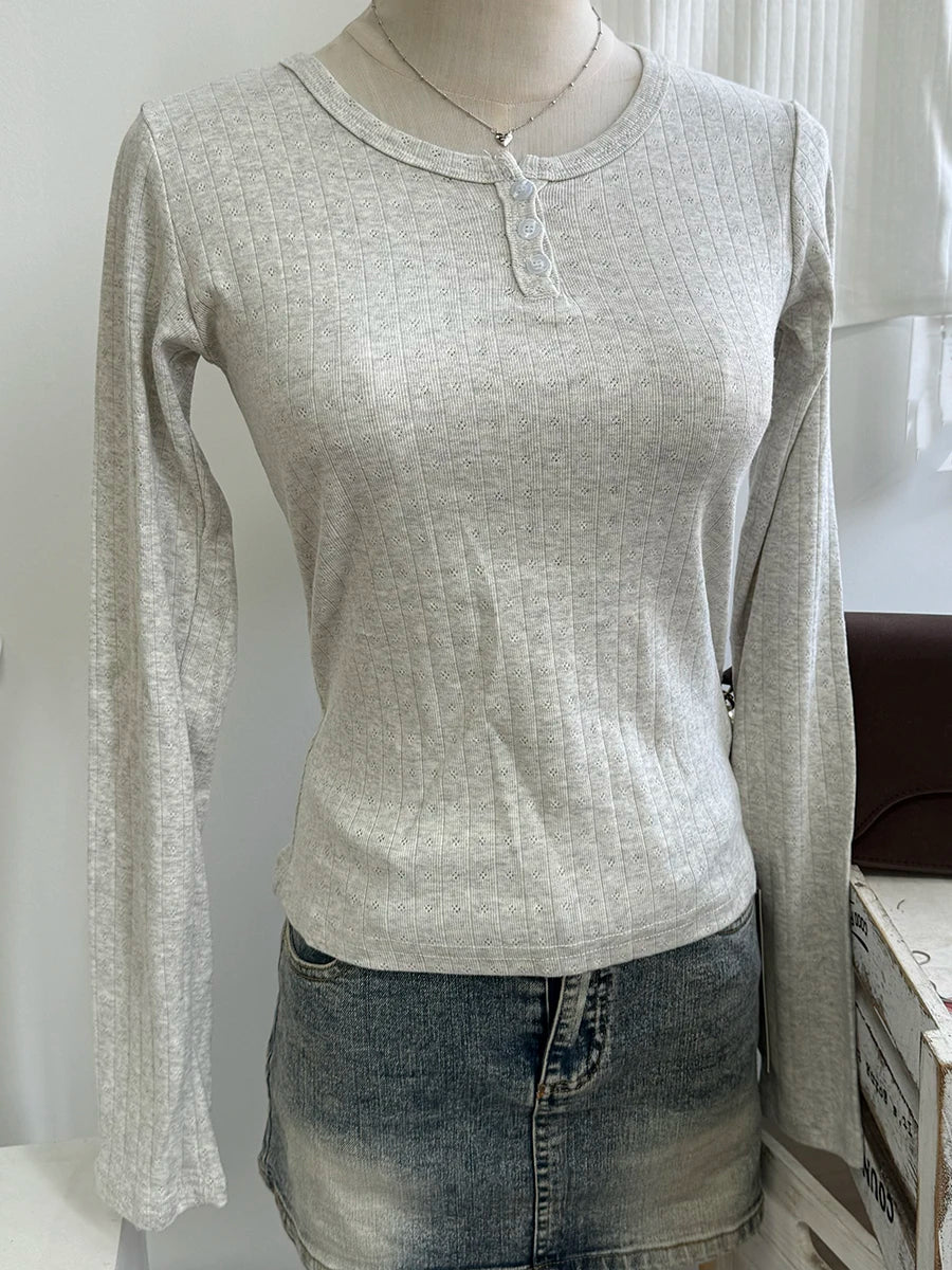 Eyelet Slim Long Sleeve T-shirt Women Simple Basic Preppy Style Buttons O-neck Cotton Tee Shirts Cute Vintage Sweet Tops