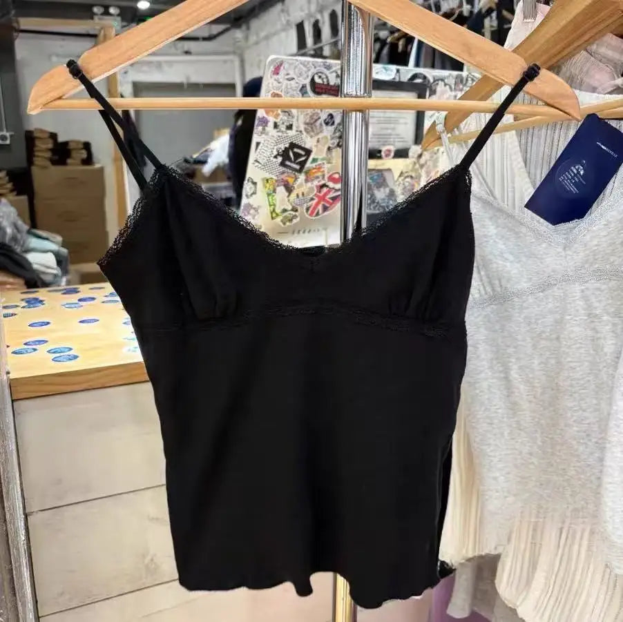 Lace Trim V-neck Camisole Women Summer Casual Slim Cotton Soft Cropped Sleeveless Vests Female Vintage Sweet Chic Tank Tops Y2K