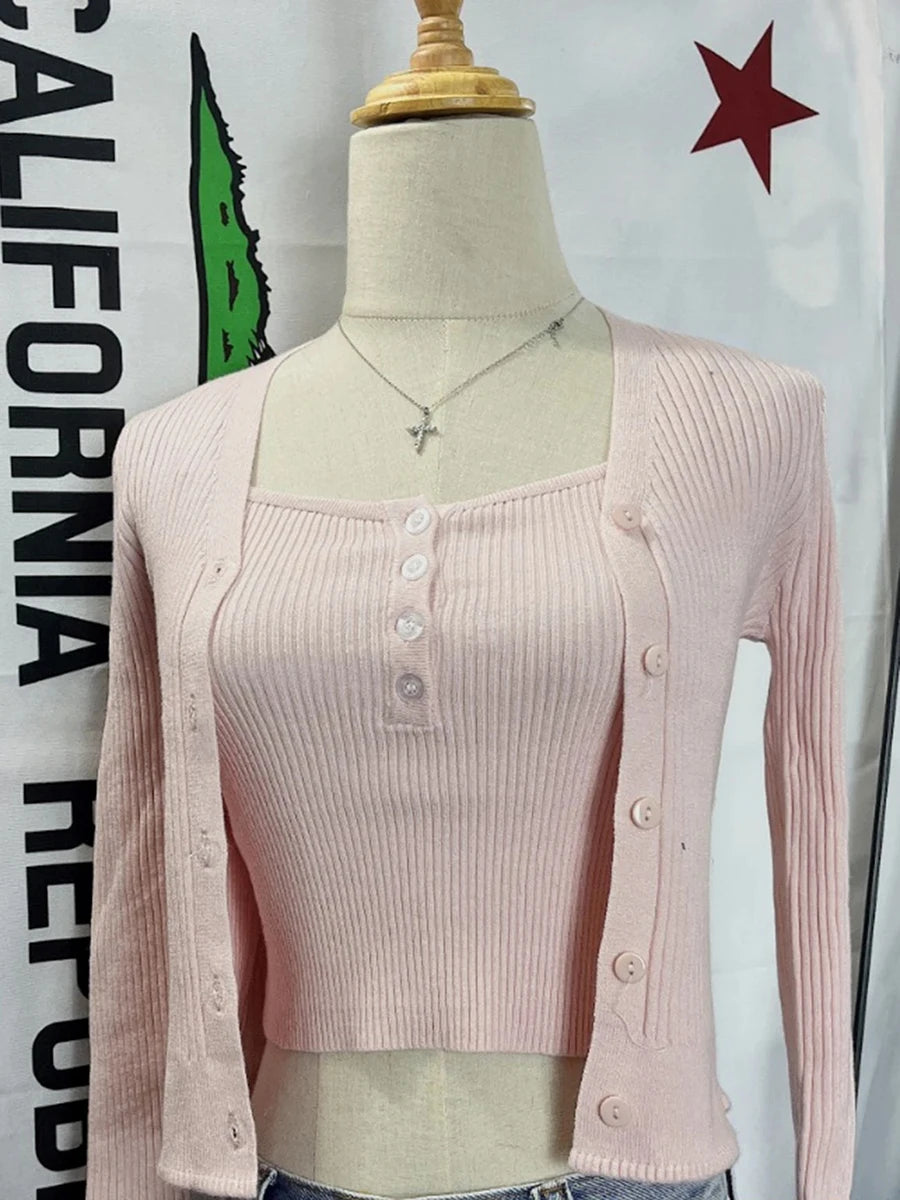 Pink Knitted V-neck Sweater Cardigan Women New Slim Casual Preppy Long Flare Sleeve Jumper Tops Sweet Cute Chic Y2K Sweater Coat