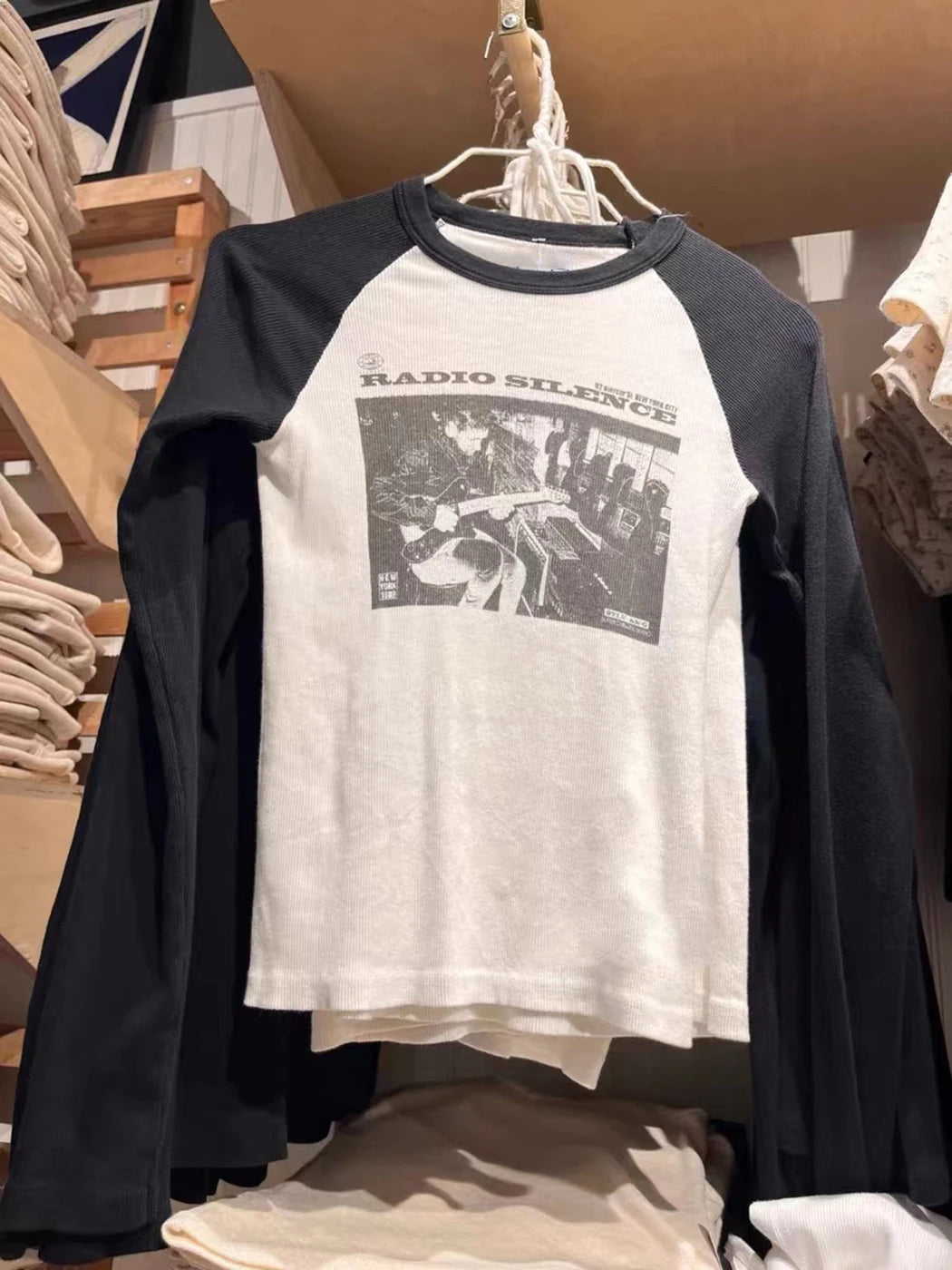 American Rock Graphic Long Sleeve T-shirts Women Autumn New Vintage Print Cotton Ribbed T Shirt Female Retro Chic Slim Y2k Tops