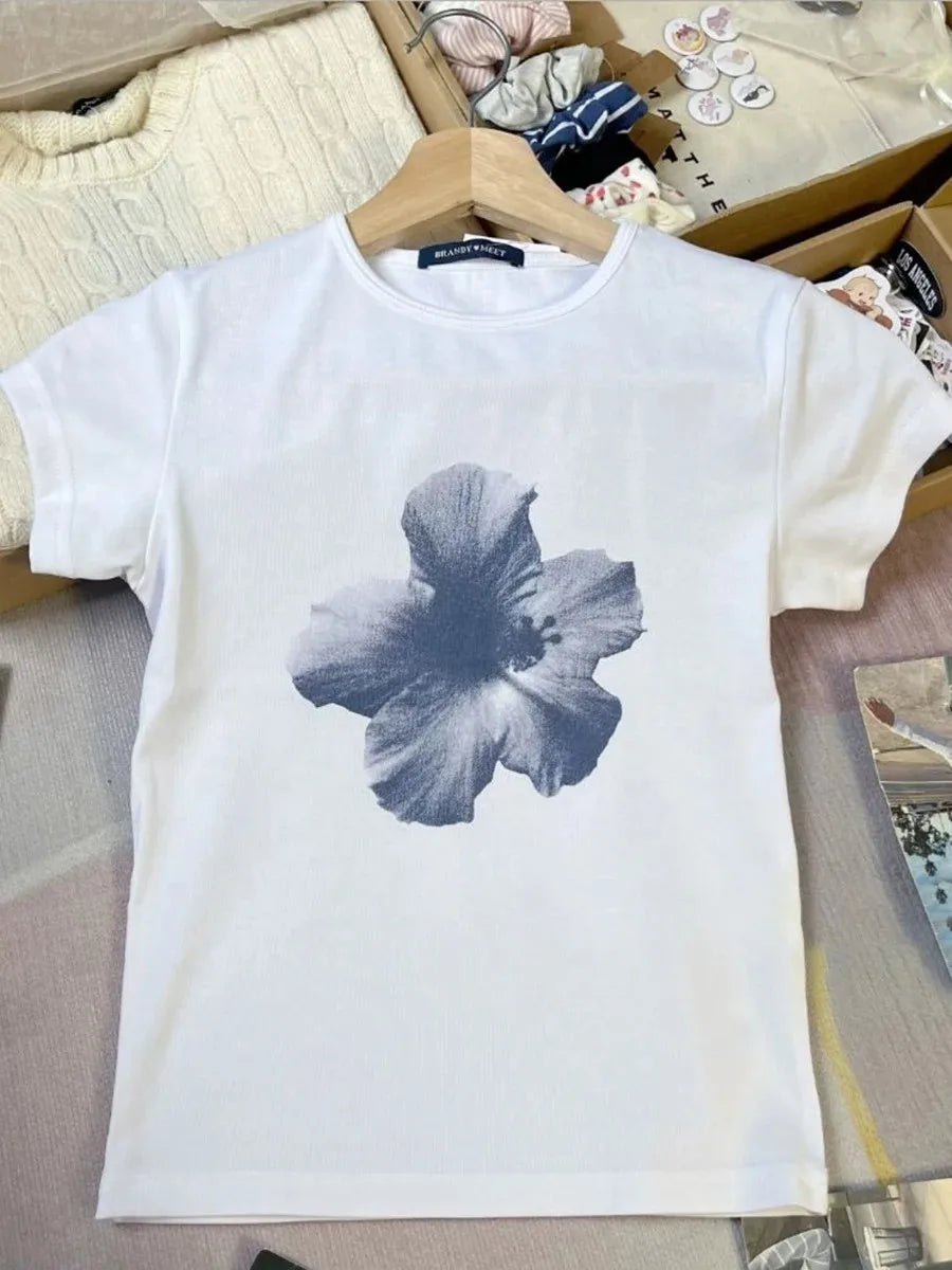 Flower Print Round Neck T-shirt Woman Summer Cotton Short Sleeve Slim Tee Shirts Clothes Female Vintage Sweet Cute Tshirts New