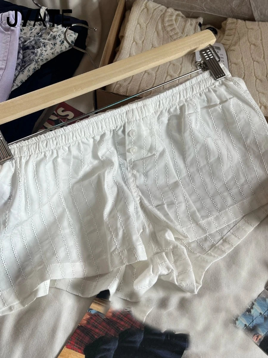 White Striped Cotton Pajama Shorts Women New Simple Casual Loose Elastic High Waist Short Pant Sweet Preppy Style Home Underwear