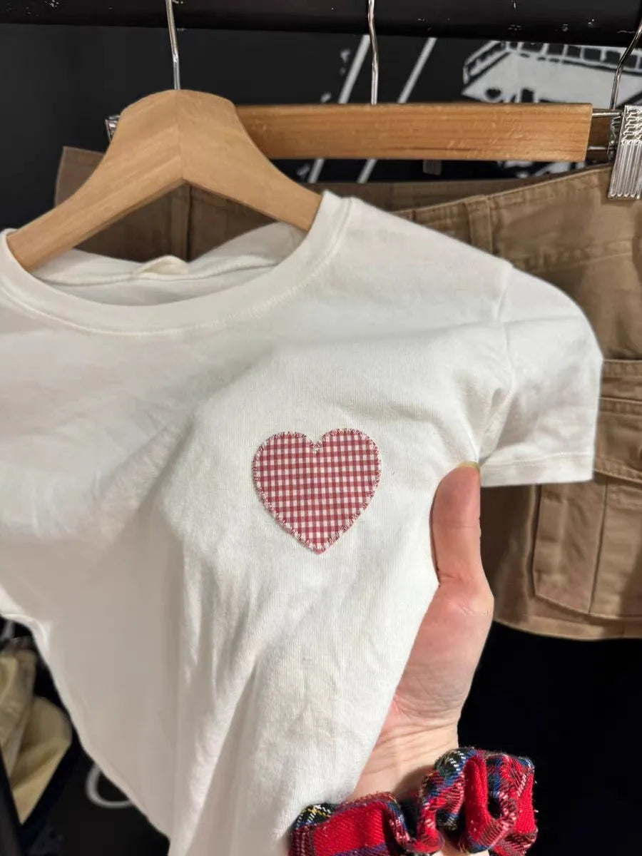 Sweet Plaid Heart Appliques T-shirt Women Summer Cotton O-neck Short Sleeve Tee Shirts Female Cute Preppy Style Tshirt Y2K Tops