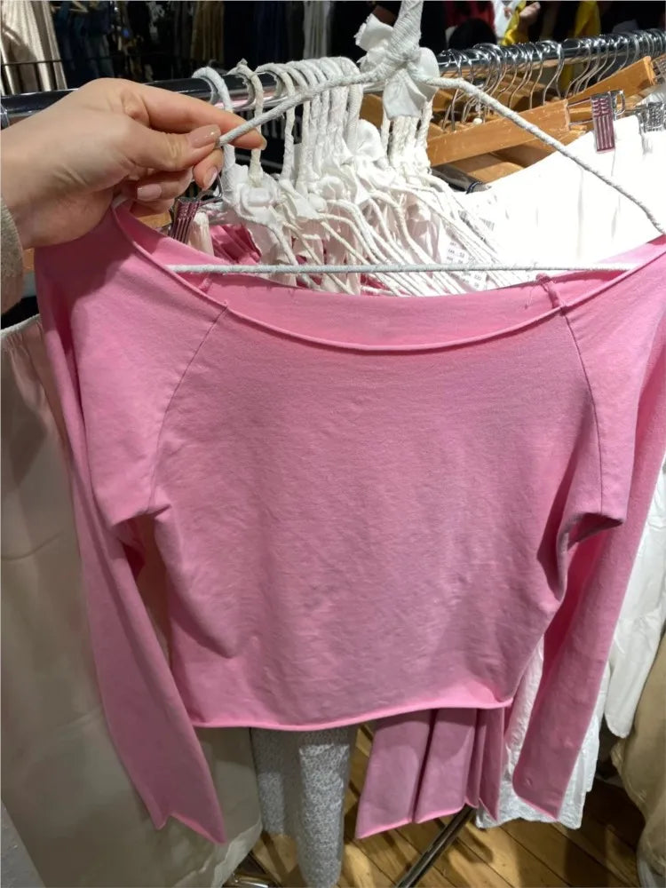 Rose Pink Raw Hem Long Sleeve Tees Women Autumn New Casual Cotton Slim Scoop Neck Crop Tops Femme Sweet Vintage Cute T-shirts