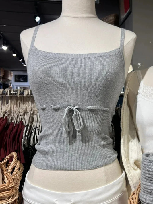 Lace-up Knitted Tank Top for Woman Summer Deep Grey Cotton Camisole Female Casual Simple All-match Preppy Style Basic Tops y2k
