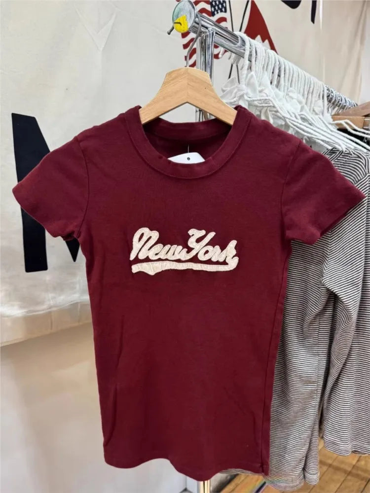 Burgundy Letter Appliques Slim T-shirts Woman Summer Streetwear Cotton Crew Neck Short Sleeve Tee Shirt American Vintage Tshirts
