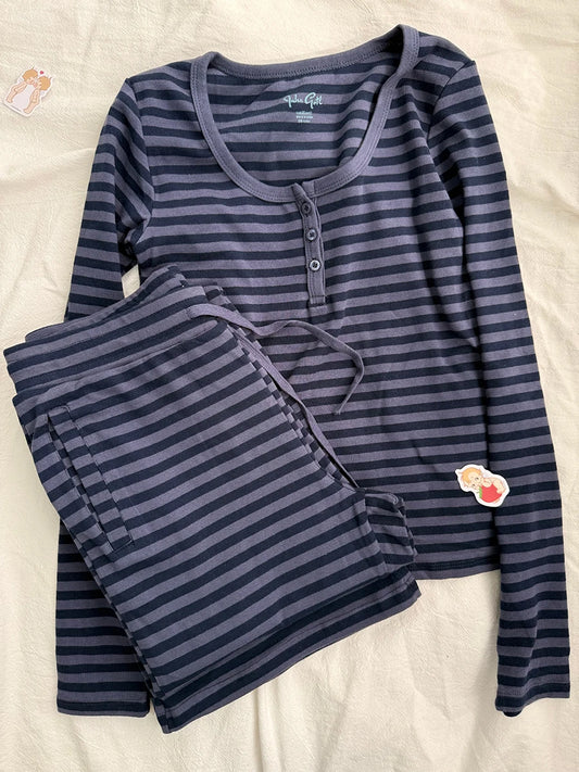 Navy Striped 2 Piece Sets Women Vintage Buttons Cotton Long Sleeve Tee Straight Trousers Home Sweet T-shirt Pant Pajama Set Y2K