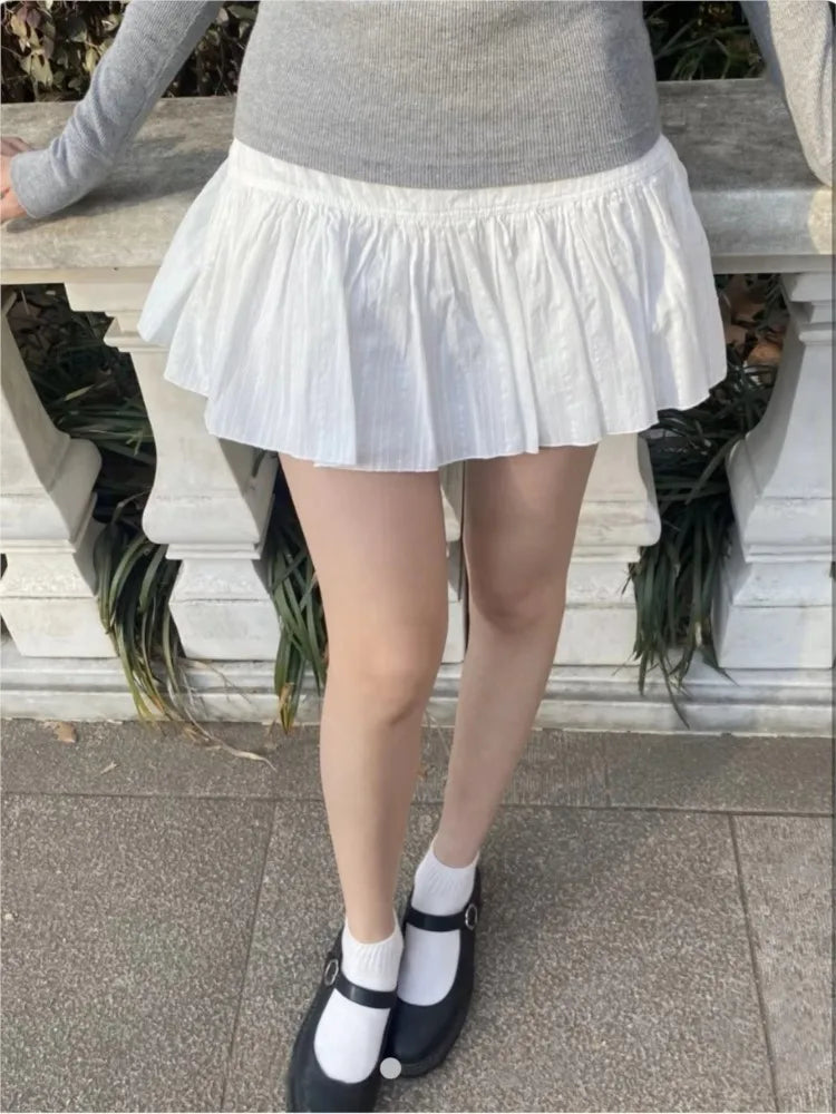 Lace-up A-line Shirks Women Summer Simple Cotton Low Waist Elastic Eyelet Pleated Mini Skirts Sweet Cute Streetwear Falda Y2K