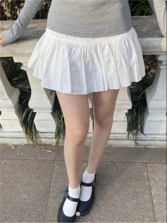 Lace-up A-line Shirks Women Summer Simple Cotton Low Waist Elastic Eyelet Pleated Mini Skirts Sweet Cute Streetwear Falda Y2K