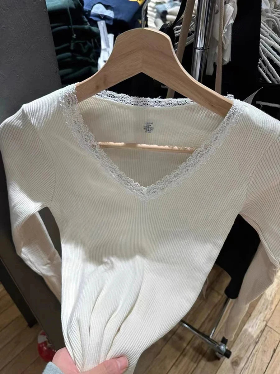 Sweet Lace Trim Ribbed Long Sleeve Tees Women New Cotton Slim Solid V-neck Tops Clothes Female Vintage Cute Chic T-shirts Y2K