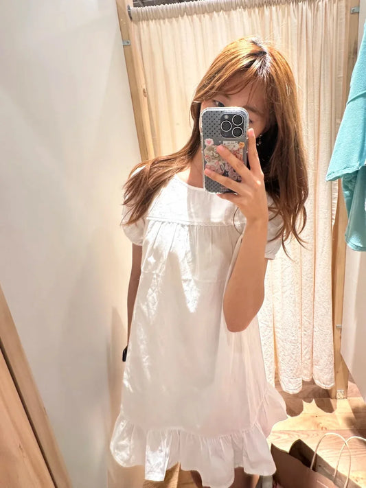 Chic White Puff Sleeve Dress Women Simple Casual Loose Ruffle Hem Cotton Dresses Y2K Clothes Cute Sweet Preppy Style Vestidos