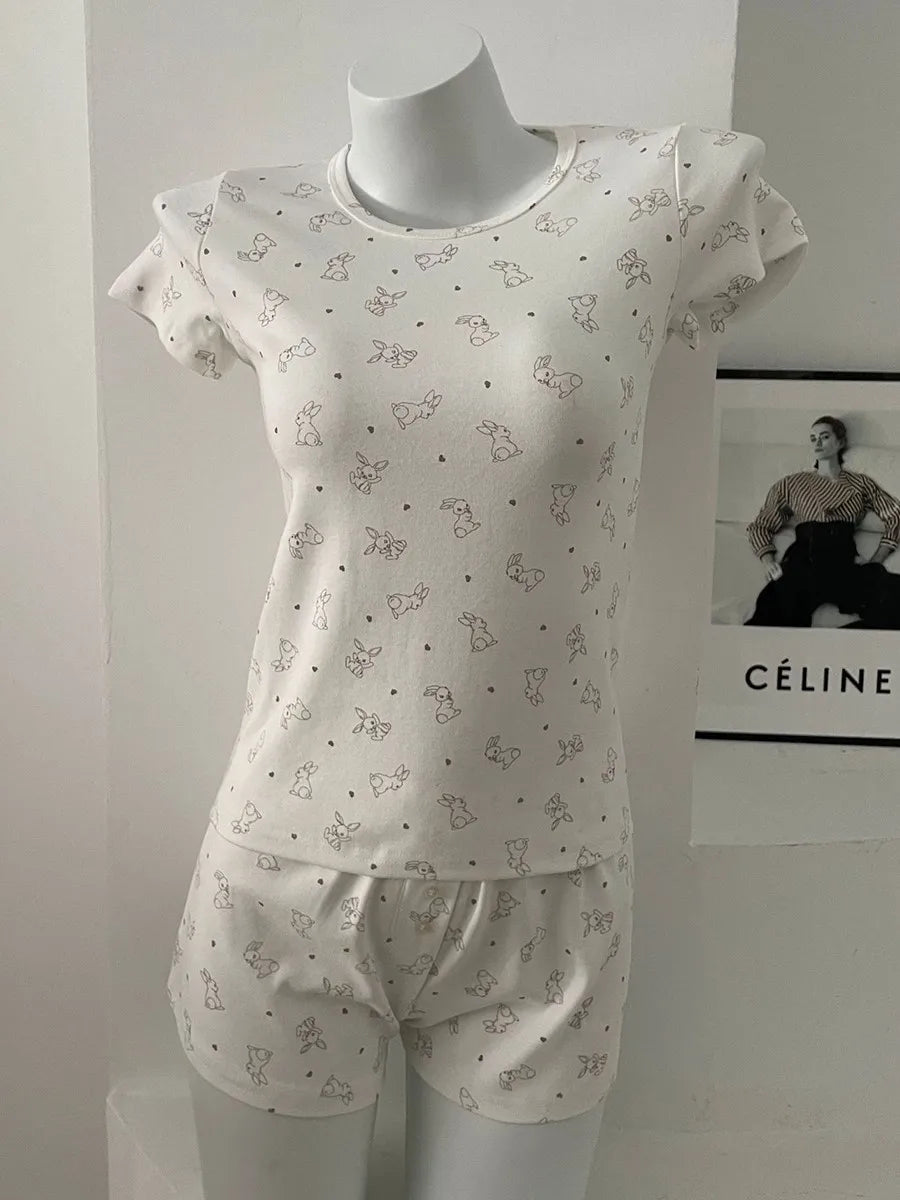 Eyelet Floral Print T-shirt Shorts Outfit Women Cotton O-neck Slim Tees +Buttons Straight Sweatshort Sweet Home 2 Pieces Set New