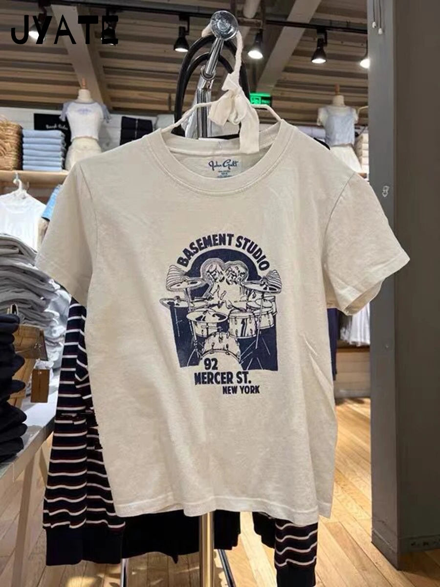 Classic Drum set Print O-neck Short Sleeve Tees Women New Harajuku Cotton Casual Slim Crop Tops Vintage Sweet Chic Y2K T-shirts