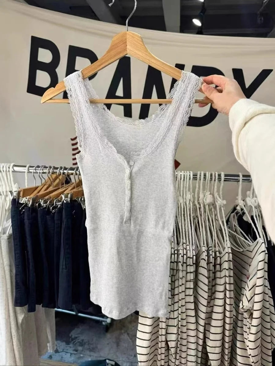 Solid Ribbed Slim Tank Tops Women Streetwear Simple Basic Cotton Buttons Sleeveless Top Female Casual Sweet All-match Y2k Vest