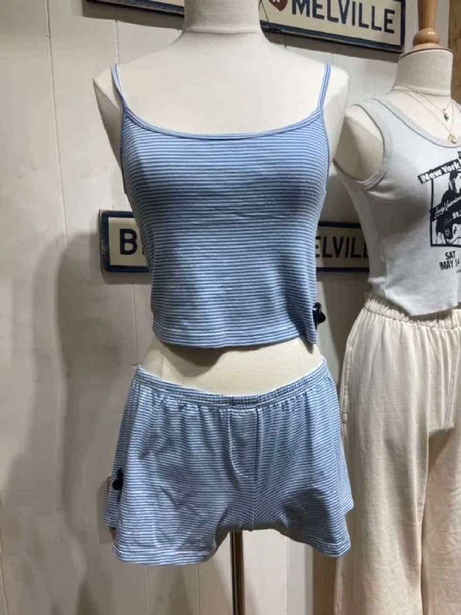 Cute Blue Striped Bra Shorts Set Women V-neck Slim Bras with Straight Sweatshorts Sweet Cute Cotton Home Pajama 2 Piece Sets Y2K