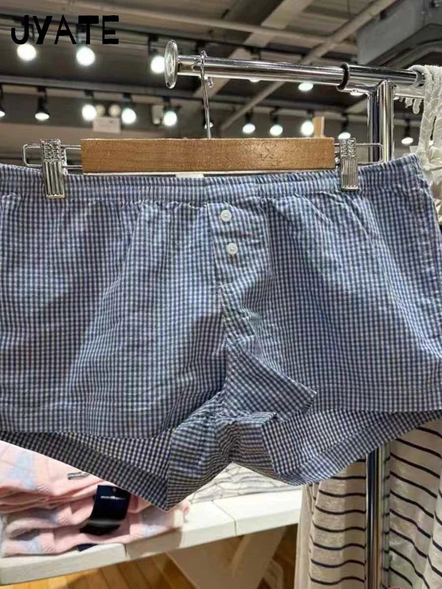 Blue Plaid Print Buttons Short Pant Women Summer New Cotton Street Simple Elastic Waist Home Underwear Vintage Casual Y2K Shorts
