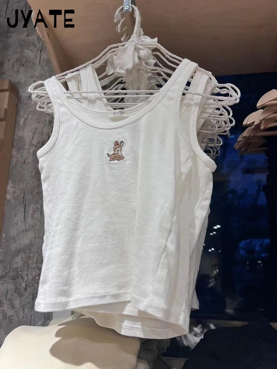 Fashion Little Deer Embroidery Tank Tops Women Summer New Cotton Slim U-neck Slim Cropped Vests Sweet Chic Casual Camisole Y2K