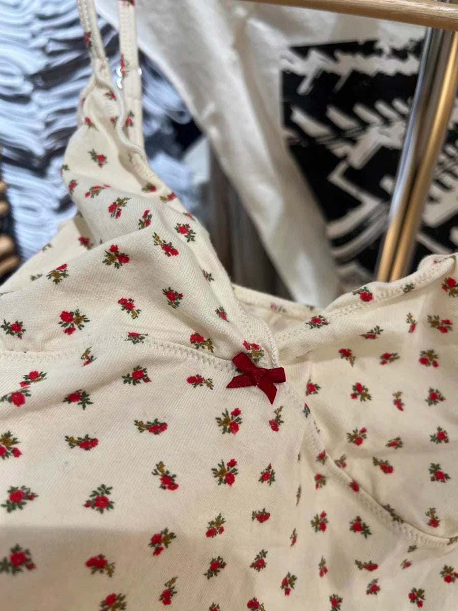 Red Floral Bow Tank Shorts Pajama Sets Women Summer V-neck Slim Camisole+eyelet Sweatshorts Sweet Cotton Home 2 Piece Outfit Y2K