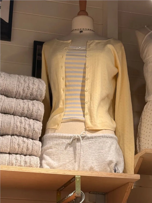 Yellow Eyelet Knitted Cardigan Tops Women Autumn New Casual Cotton Long Sleeve Sweater Sweet Cute Preppy Style T-shirts Coat