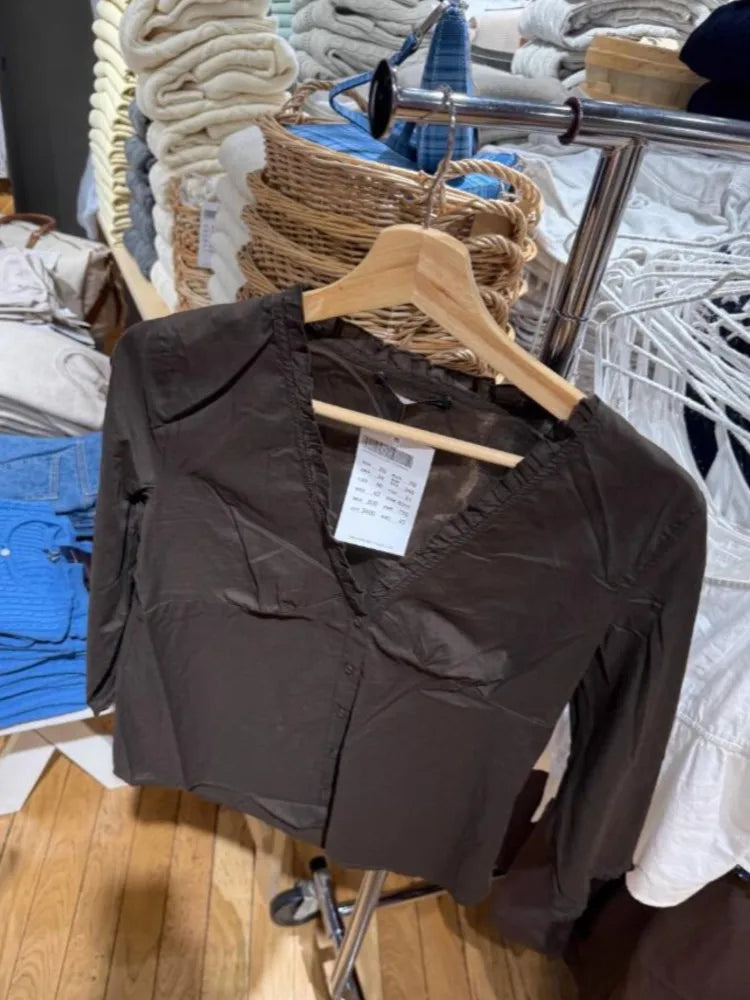 Brown Ruffles Single Breasted T-Shirt Blouse Women Summer V-neck Haft Sleeve Tee Shirts Simple Sweet All-match Thin Tshirts New