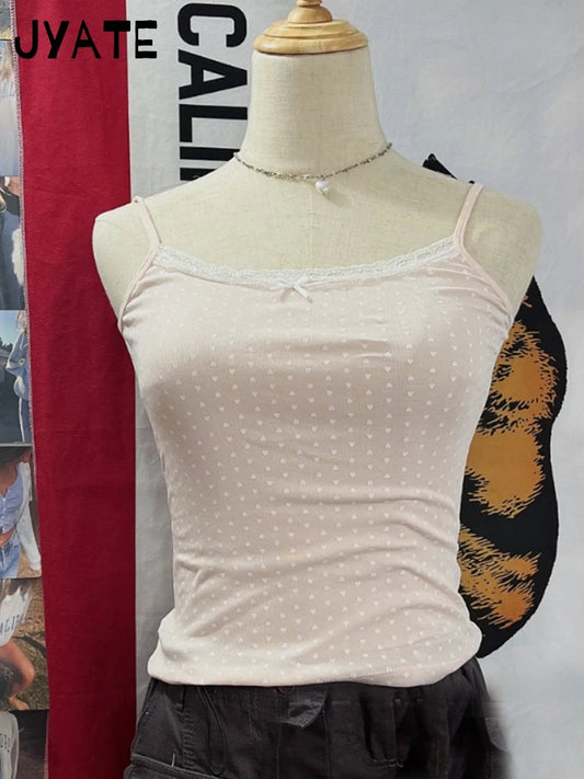 Heart Print Pink Slim Sexy Cropped Vests Women Summer Cotton Soft Preppy Style Sleeveless Tank Tops Sweet Cute Casual Camis Y2K