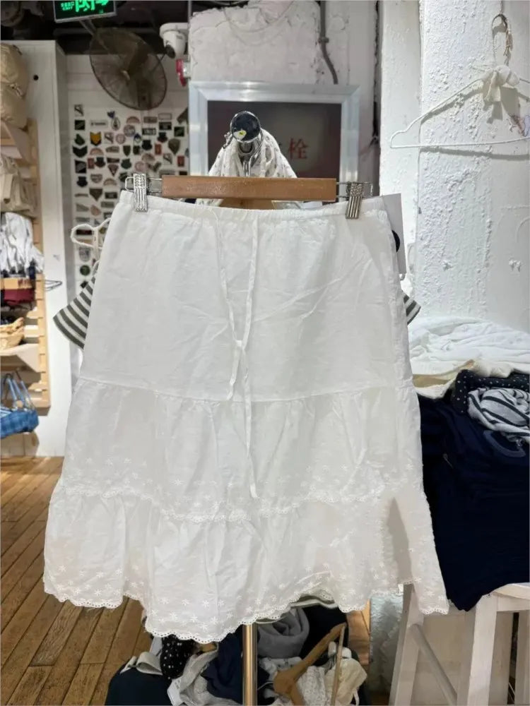 Floral Embroidery Lace Trim Midi Skirt Women White Waist Lace-up Ruffle A-line Faldas Sweet Casual Preppy Style Short Skirts