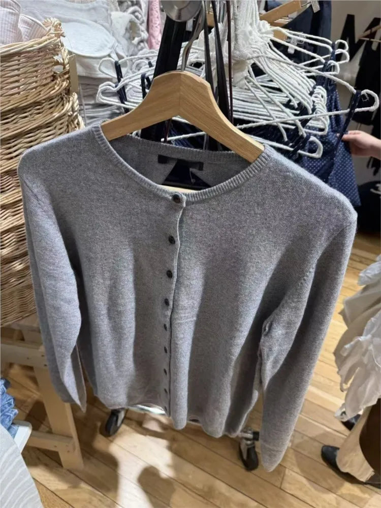 Autumn New Gray Slim Cardigans Women Chic Round Neck Long Sleeve Cotton Sweaters Female Vintage Casual Sweet Cardigan Tops Chic