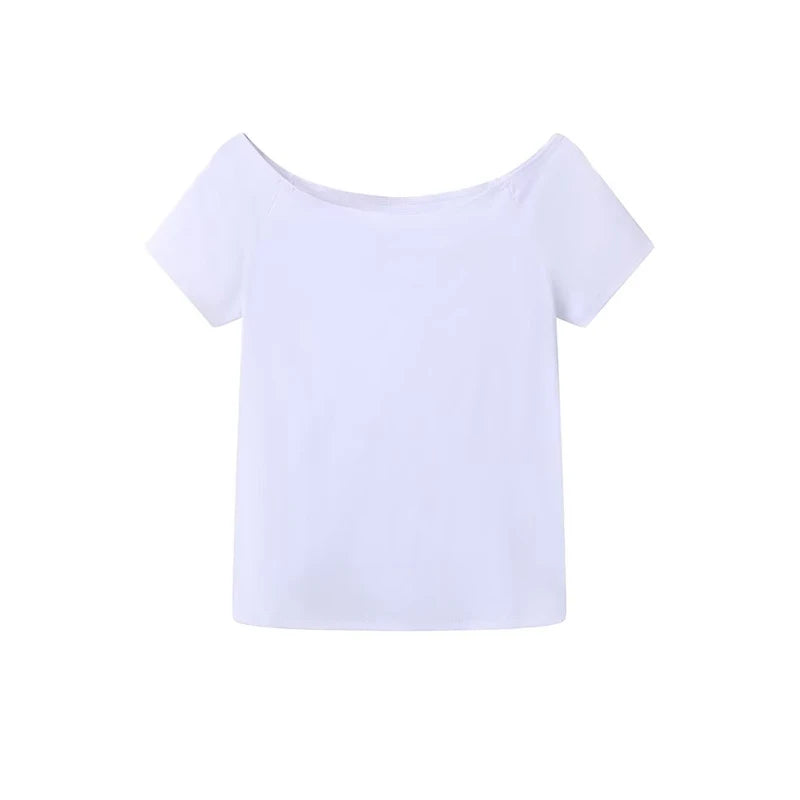 Solid Sexy Slash Neck Short Sleeve Tees Women Summer New Casual Cotton Street Tops Clothes Cute Sweet Preppy Style T-shirts Y2K