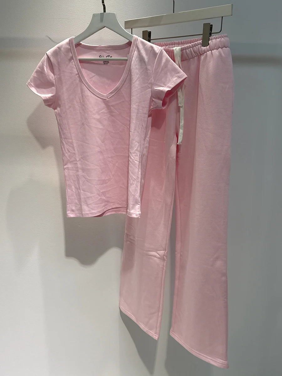Electric Blue Basic T-shirt Pant Sets Women Casual O-neck Short Sleeve Tee+Straight Sweatpant Cute Preppy Style 2 Piece Set Y2K