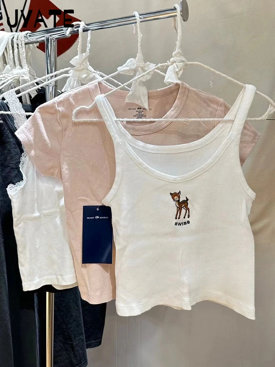 Little Deer Embroidery White Camis Women Ribbed Cotton U-neck Simple Sleeveless Cropped Vests Vintage Sweet Chic Tank Tops Y2K