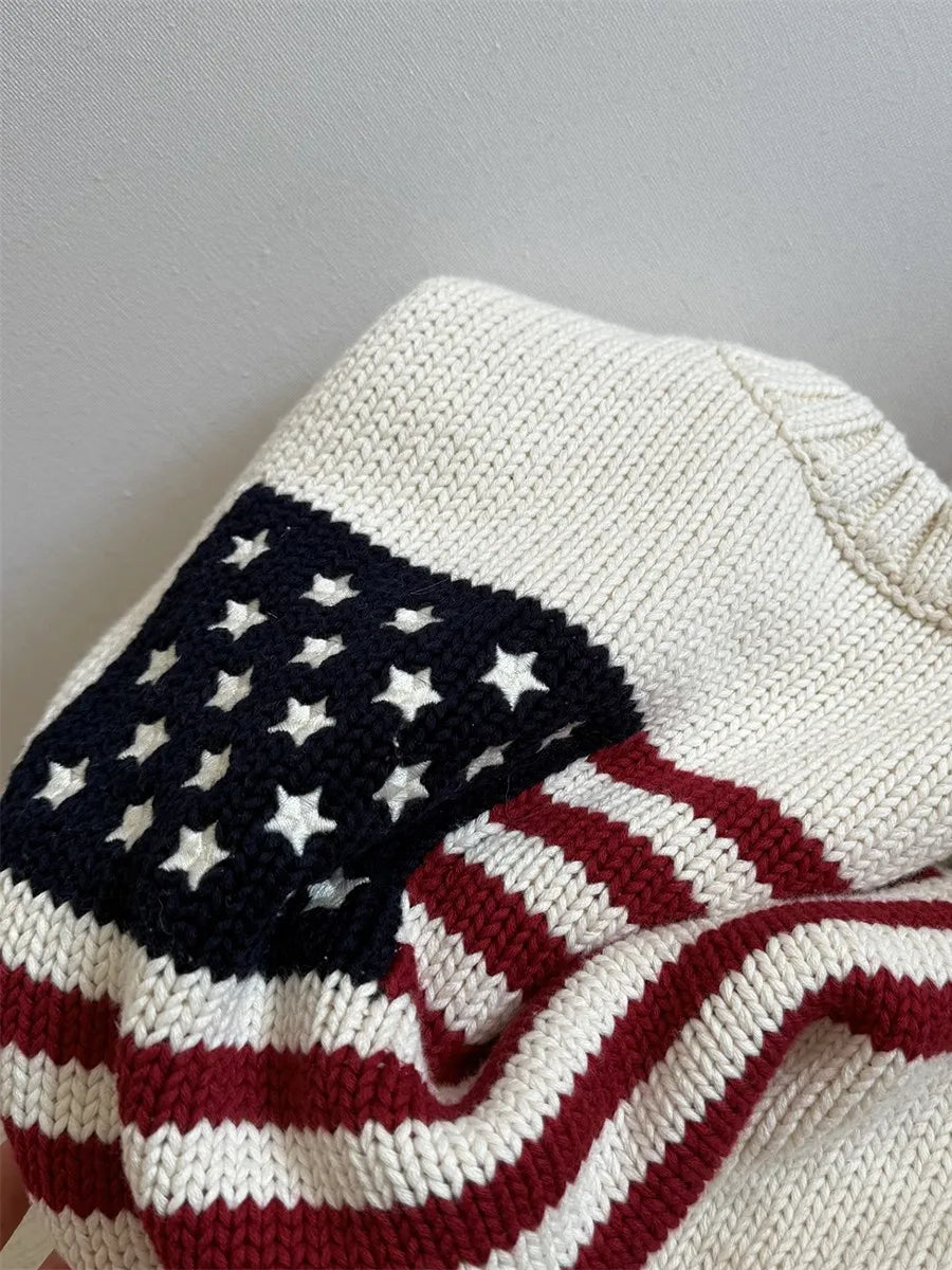 Retro Flag Jacquard Graphic Sweater Women Crew Neck Long Sleeve Jumper American Vintage Preppy Style Knitted Tops Pullover  Y2K