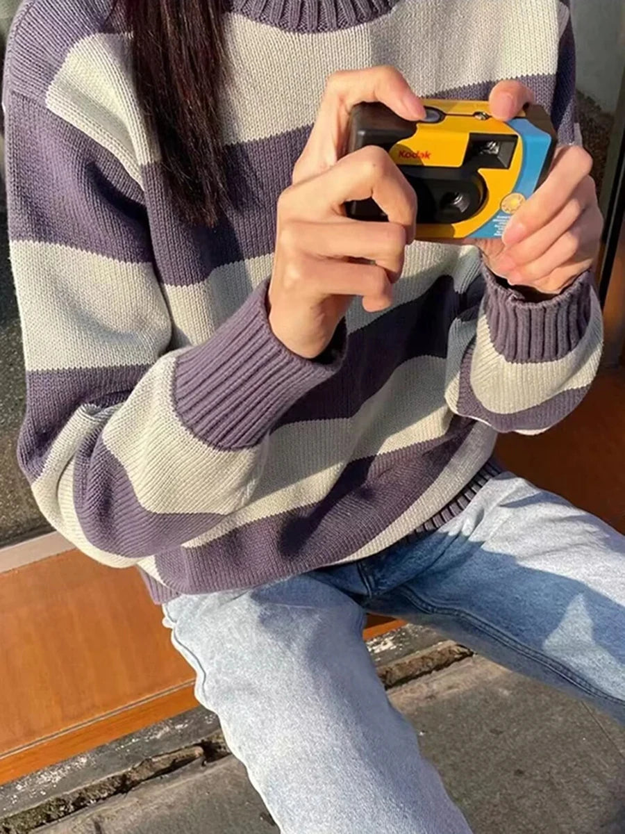 Striped Thick Knitted Jumpers Women Autumn O-neck Fashion Casual Streetwear Loose Pullovers Tops Chic Vintage Sweet Y2K Sweaters