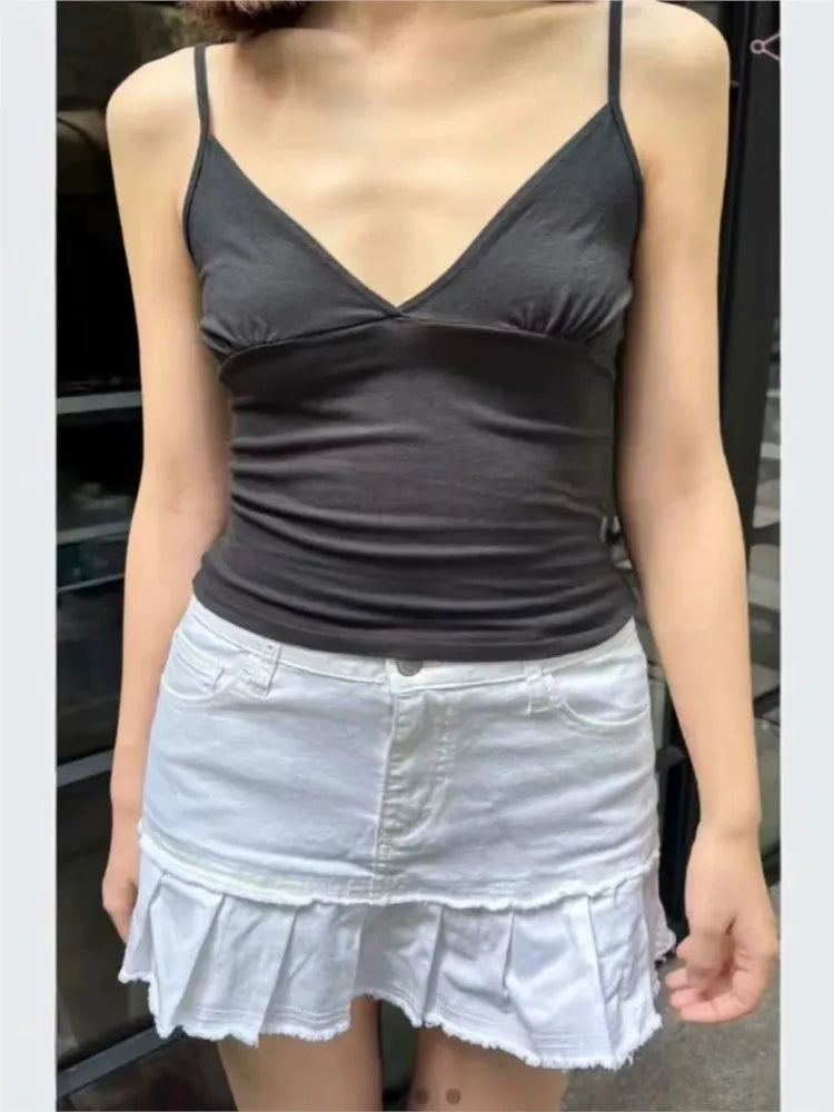 Solid Cotton V-neck Camisole Women Summer Casual Simple ALL-match Slim Sleeveless Vests American Vintage Sweet Tank Tops Y2K