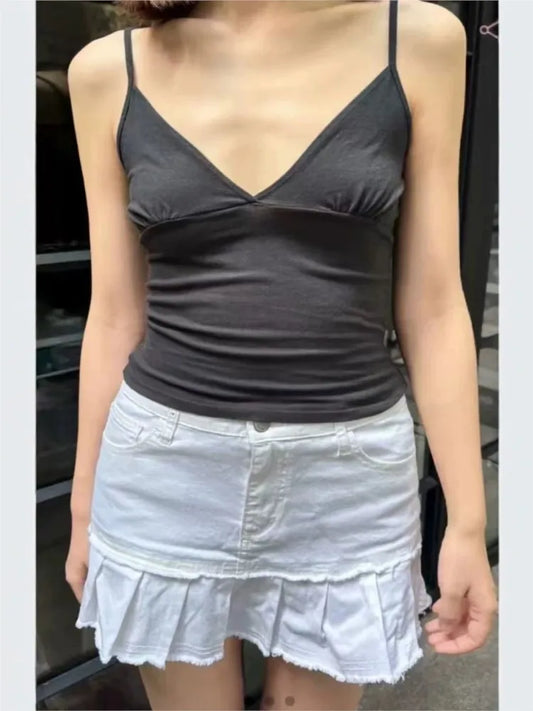 Solid Cotton V-neck Camisole Women Summer Casual Simple ALL-match Slim Sleeveless Vests American Vintage Sweet Tank Tops Y2K