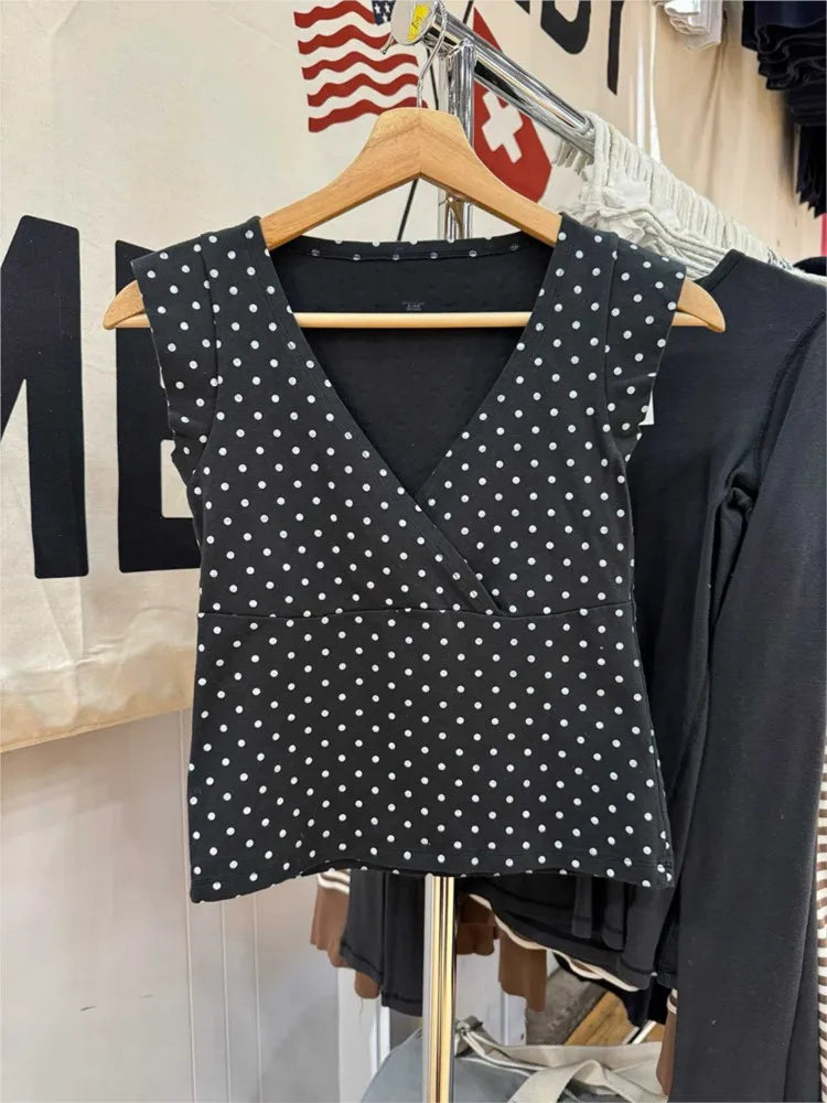 Navy Dot V-neck Sleeveless T-shirts Women Vintage Casual Simple Slim Cotton Crop Tops Female Sweet Cute Preppy Style Vests Y2K