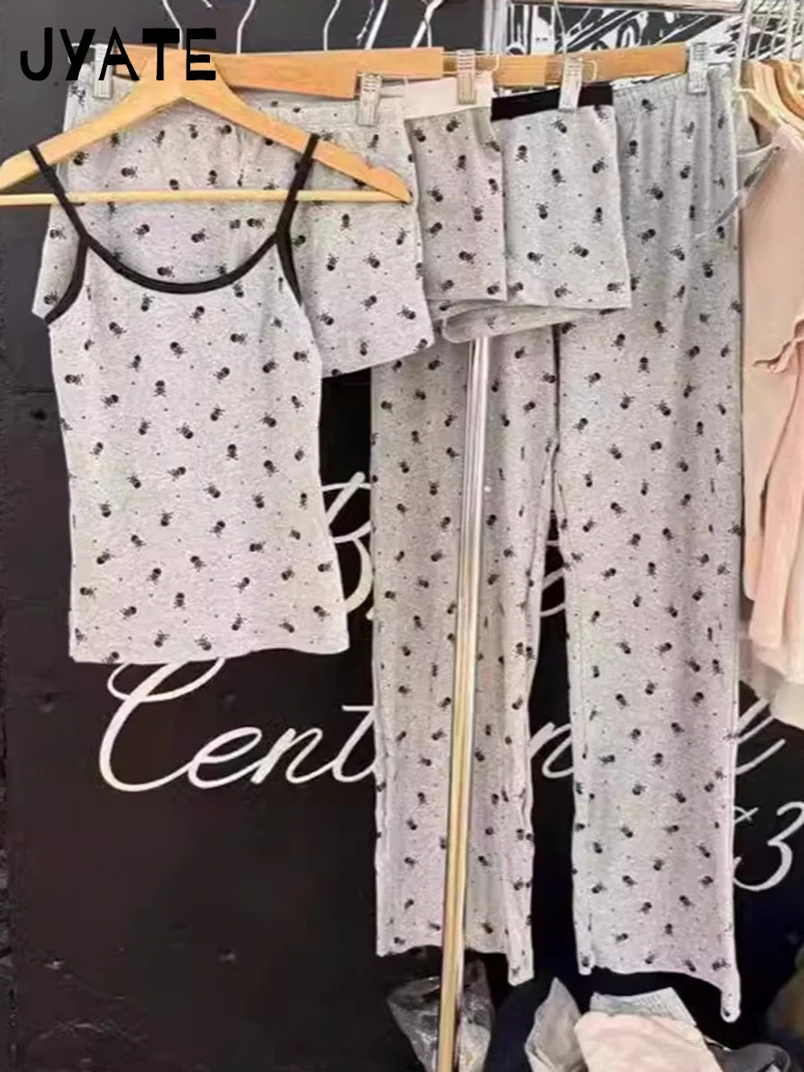 Skull Print Camisole Two Piece Set Women Summer Cotton Tank Tops+Elastic Waist Short Casual Vintage Preppy 2 Sets Y2K