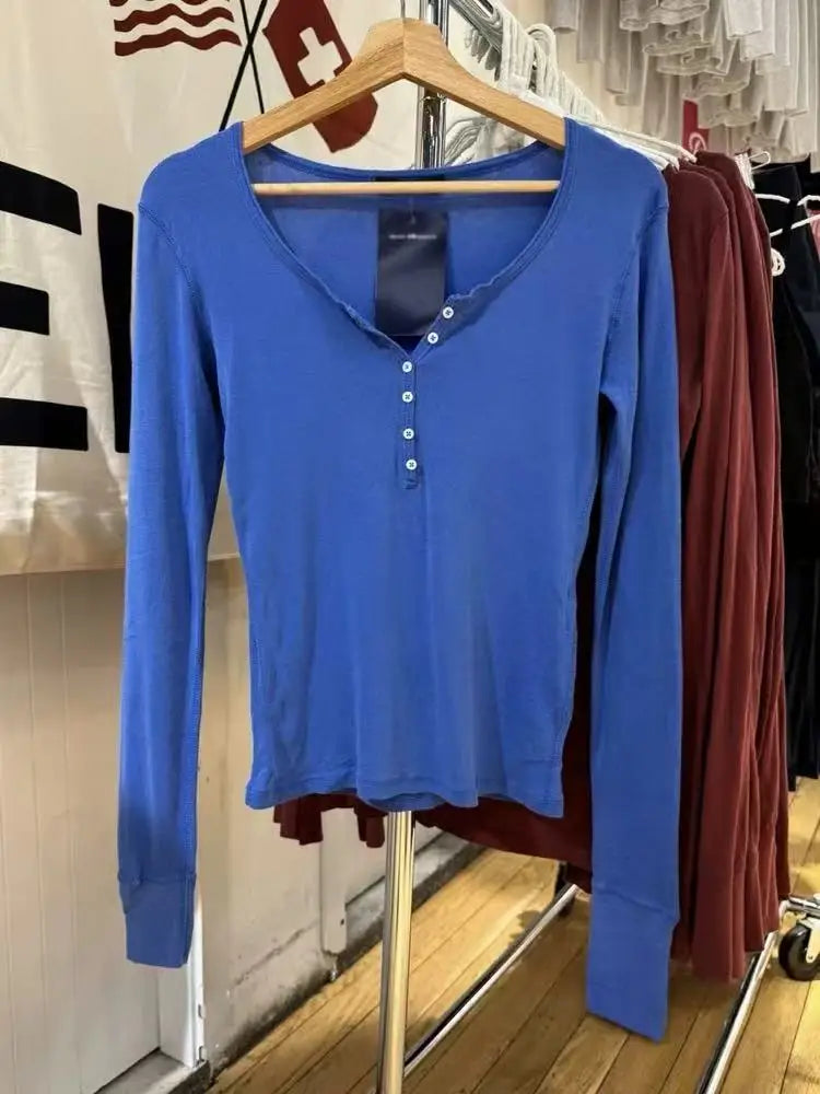 Burgundy Six Buttons T-shirt Woman Autumn Casual O-neck Cotton Slim Long Sleeve Tshirt Streetwear Vintage Simple Basic Tee Tops