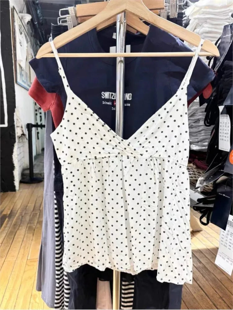 Deep V-neck Polka Dot Tank Top for Women Summer New White Casual Backless Cotton Camisole Female All-match Slim Sweet Vest Tops