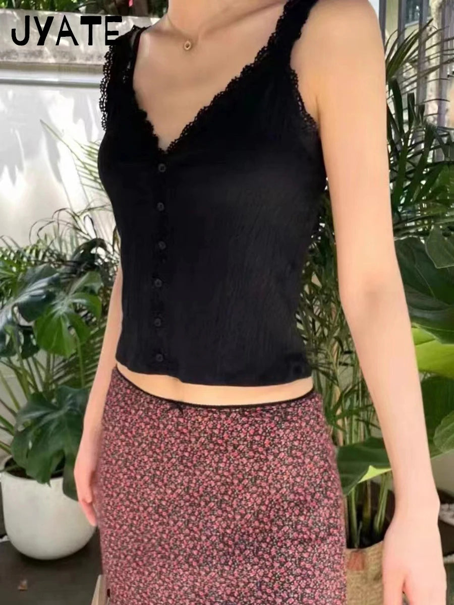 Black Slim V-neck Tank Tops Women Summer Casual Cotton Single Breasted Sleeveless Vests Female Vintage Sweet Y2K Camis