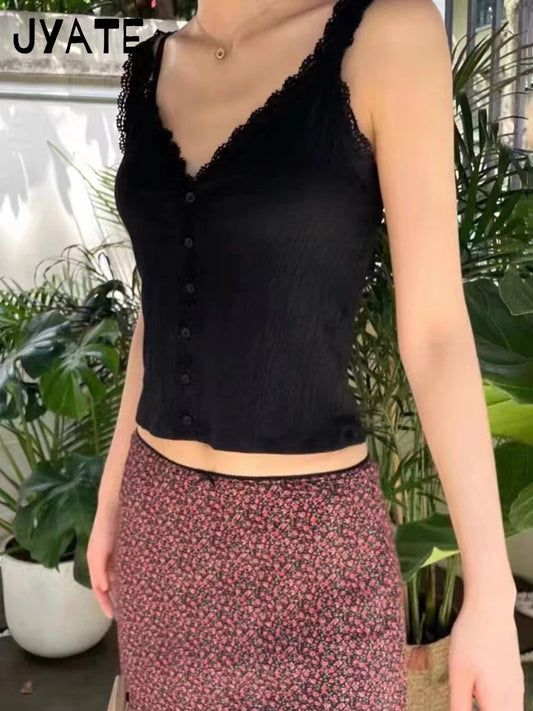 Black Slim V-neck Tank Tops Women Summer Casual Cotton Single Breasted Sleeveless Vests Female Vintage Sweet Y2K Camis