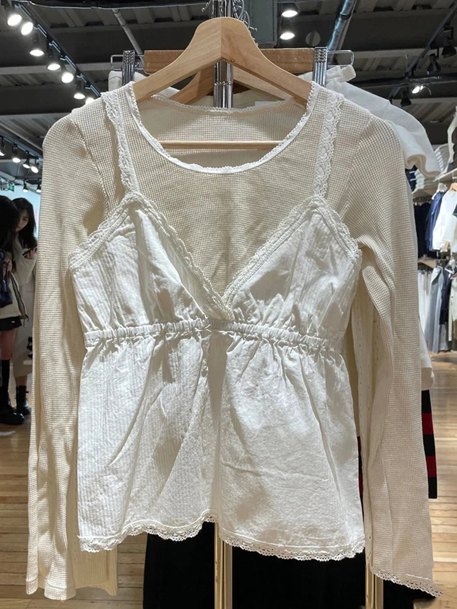 White Lace Trim V-neck Slim Tank Top Women Summer Cotton Aesthetic Streetwear Sleeveless Vests Sweet Vintage Chic Cute Y2K Camis
