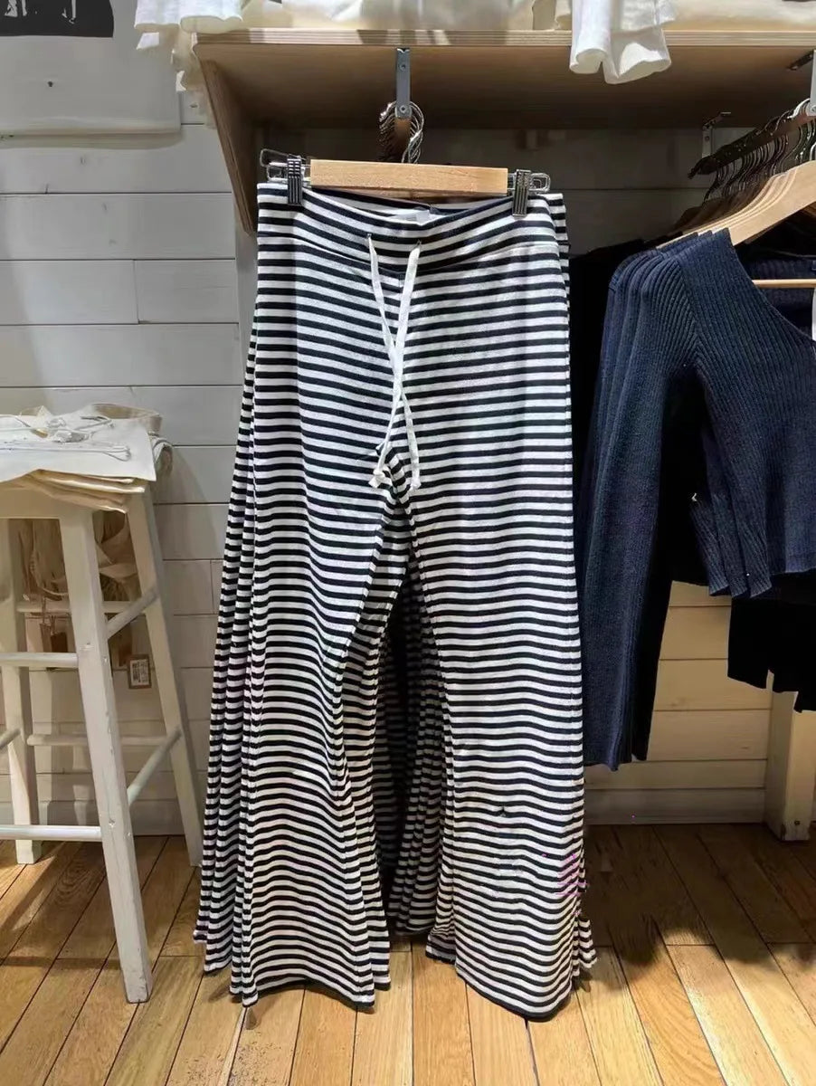 Cute Pink Striped Drawstring Wide Leg Pants Women Cotton Soft High Waist Casual Sweatpant Chic Sweet Preppy Style Y2K Trousers