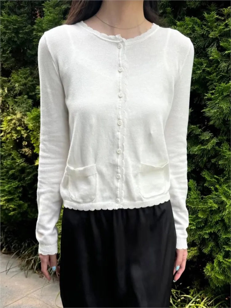 Simple Pockets Slim Knitted Sweater Cardigan Woman O-Neck Long Sleeve Cotton Sweaters Sweet Preppy Style Knitwear Coat Y2K Tops