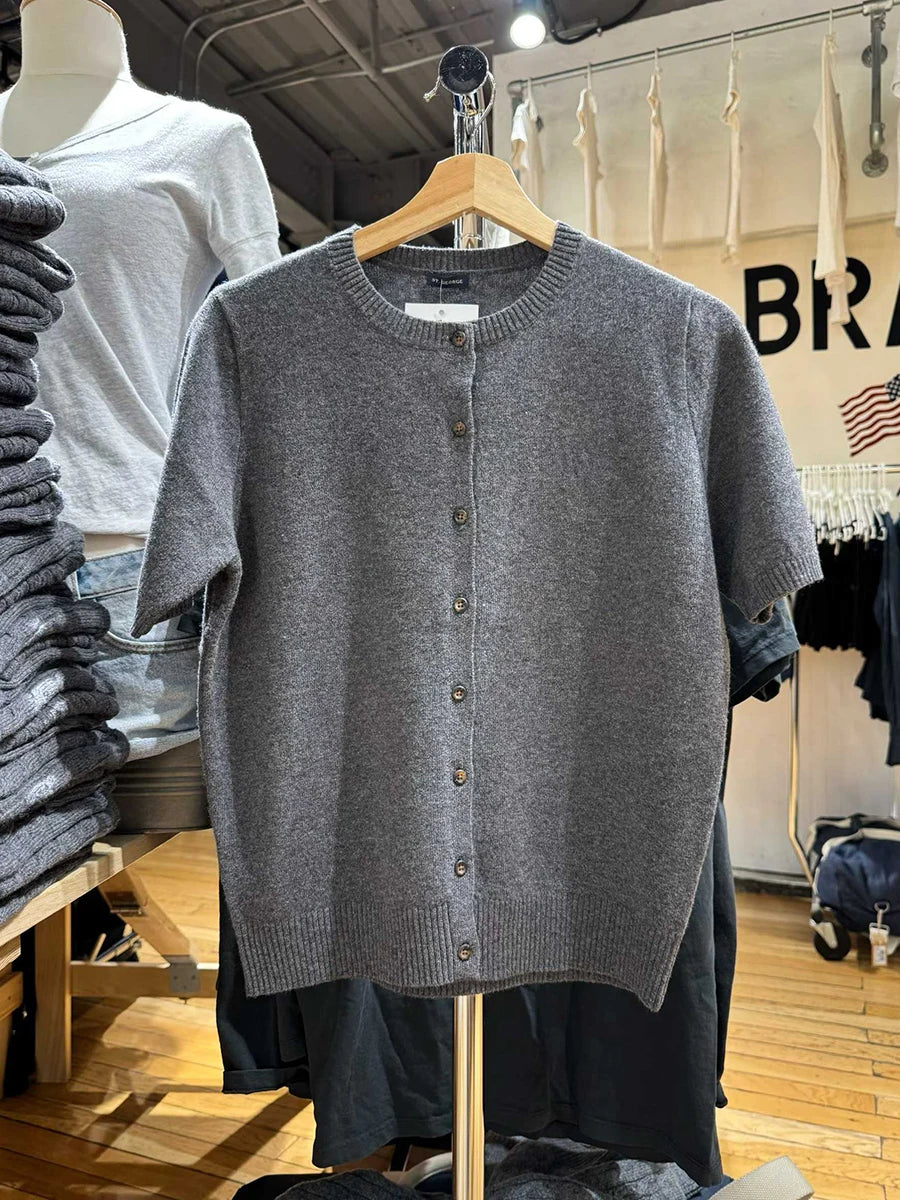 Drak Gray Knitted Short Sleeve Sweater Women Spring Casual Streetwear Single Breasted Jumpers Vintage Chic Preppy Style Cardigan