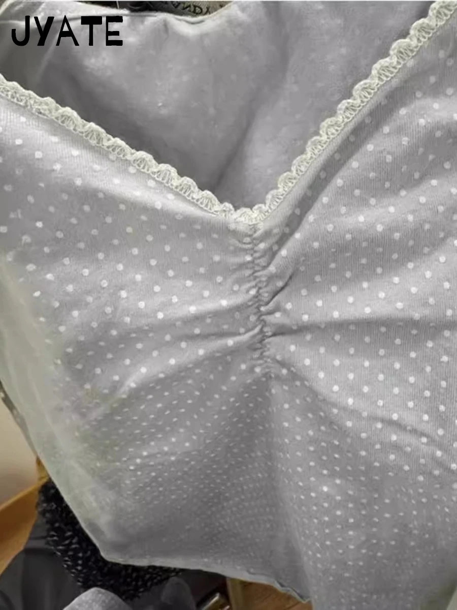 Blue Polka Dots Print Folds Camisole Women New Cotton Simple Casual Lace Trim Sleeveless Vests Sweet Cute Vintage Tank Tops Y2K