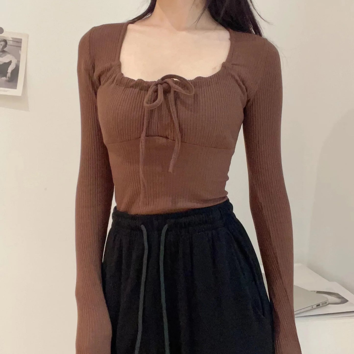 Sweet Lace-up Long Sleeve Tees Women New Casual Slim Solid Scoop Neck Streetwear Top shirt Vintage Preppy Style Cute T-shirt Y2K