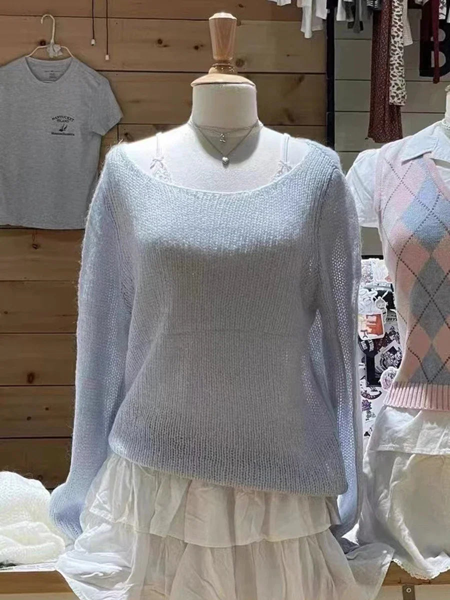 Beige Hollow Out Knitted Long Sleeve Tees Women Vintage Cotton Scoop Neck Thin Smock Tops Women Streetwear Casual T Shirt Y2k